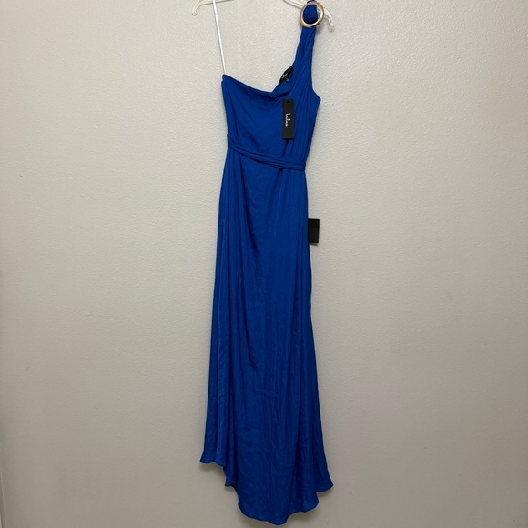 NEW Lulus Goddess Aura Cobalt Blue Satin One Shoulder Maxi Dress Slit Formal - Picture 5 of 9
